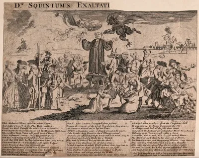 The preacher George Whitefield standing on a table and preaching to a crowd of supporters in London while he is insufflated by a devil