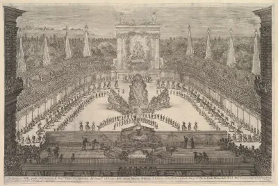 The Prince of Tuscany and his chariots arranged around Mount Atlas in center, from "Il mondo festeggiante"