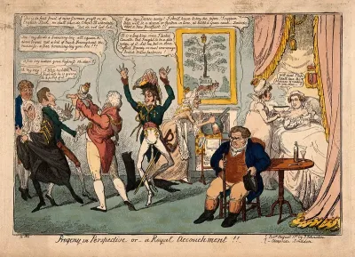 The Prince Regent presenting to political ministers the expected baby of Princess Charlotte and Prince Leopold, who urinates in their faces; representing the burden of taxation required by the Royal family