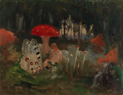 The Princess and a Butterfly Underneath a Fly Agaric, sketch for the painitng Farity Tale Princess