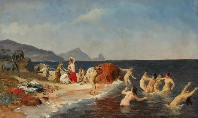 The princess of Lycia bathes with her maidens at the Sicilian coast.