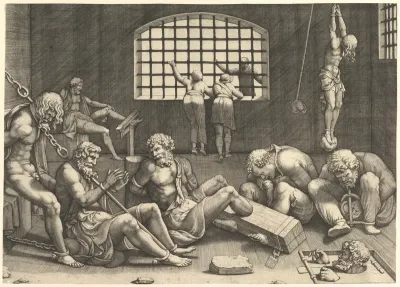 The Prison; a group of men in a dungeon bound in chains and shackles; to the right a figure hanging from his arms, tied to a boulder