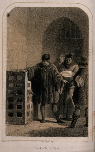 The prisoner, who is kept in a small slatted wooden box is has his judgement read to him while he stretches his hands through the slats in a pleading gesture