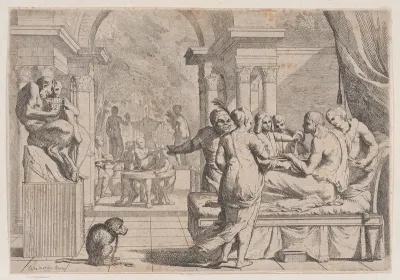 The prodigal son seated on a couch being served wine, revelers in the background, a monkey wearing a collar and chain in the lower left, from a series of four prints
