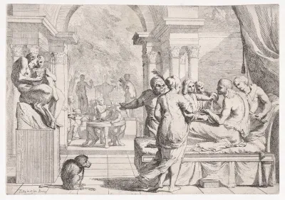 The Prodigal Son Seated on a Couch Being Served Wine, Revelers in the Background, a Monkey Wearing a Collar and Chain in the lower left