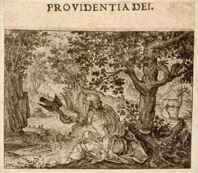 The prophet Elias fed by a raven; representing providence