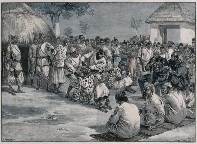 The punishment and torture of the "Peacock" dervishes by order of Emin Pasha's rebel officers: the dervishes are lined up and seated to have their ears sliced off