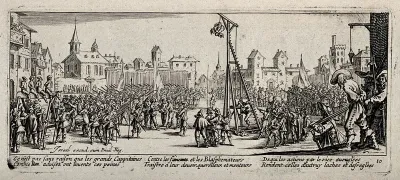 The punishment of criminal soldiers on a scaffold-like contraption called "Strappado"