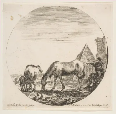 The pyramid of Caius Cestius at right in the background, a horse grazing at center, a foal suckling a mare at left, two shepherds at right, plate 11 from "Roman landscapes and ruins" (Paysages et ruines de Rome)