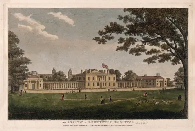 The Queen's House seen from Greenwich Park, with people and animals in the foreground, Naval Hospital in the distance