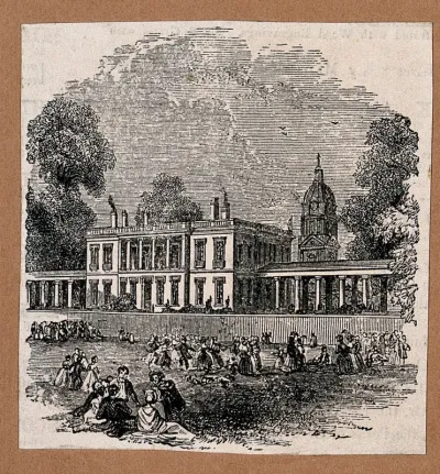 The Queens' House, Greenwich, from the south, with one of the domes of the Royal Naval Hospital in the background