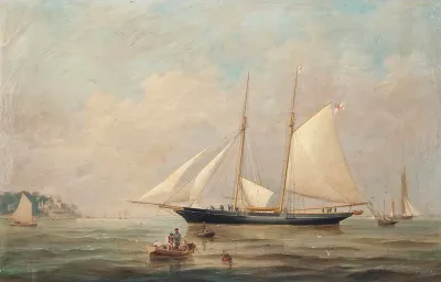 The R.Y.S. schooner Gelert coming into Cowes Roads, with the Royal Yacht Squadron on the headland beyond