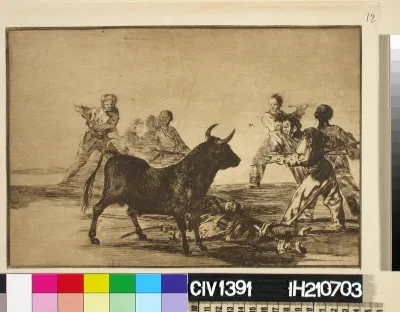 The rabble hamstring the bull with lances, sickles, banderillas and other arms