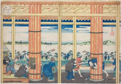 The Rain Shelter at Nii Hill by the Aji River, Osaka (Osaka Ajigawa Niiyama amayadori), from the series "Famous Places in Osaka: Fine Views of Mount Tenpo (Naniwa meisho Tenpozan shokei ichiran)"