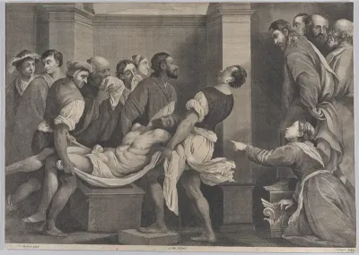 The raising of Lazarus, who is carried by three men at left, while his sister and Christ look on at right; from 'Theatrum Pictorium', after Pordenone
