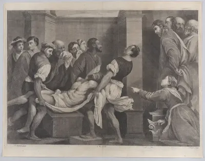The raising of Lazarus, who is carried by three men at left, while his sister and Christ look on at right; from "Theatrum Pictorium"