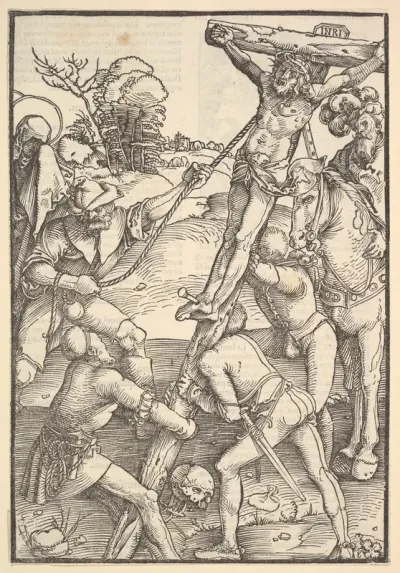 The Raising of the Cross; verso: The Raising of the Cross, from Speculum Passionis Domini Nostri Ihesu Christi