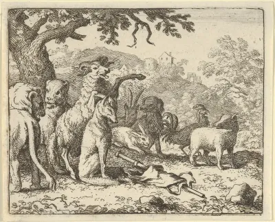 The Ram, Chapelain of the Lion, Gives the Benediction to Renard before His Depature for Rome from Hendrick van Alcmar's Renard The Fox
