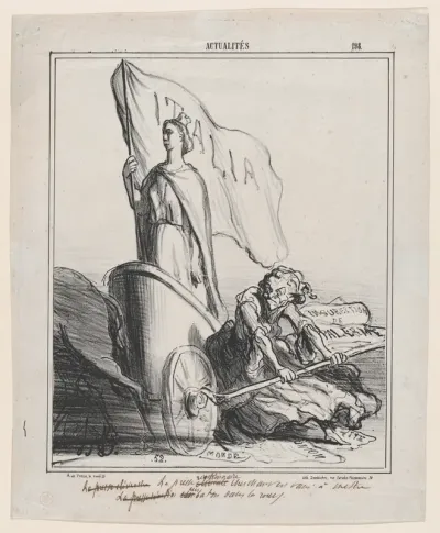 The reactionary press, trying in vain to jam the wheels, from 'News of the day,' published in "Le Charivari"