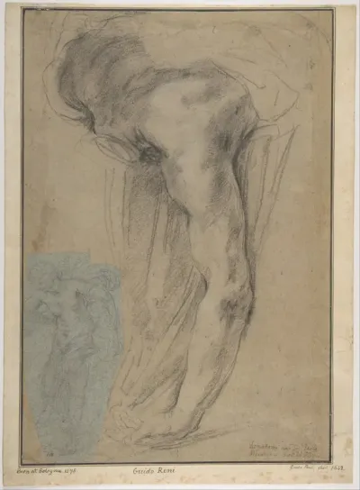 The Reclining Headless Body of Holofernes; Study of Female Semi-Nude Figure (on a small separate, unrelated sheet of blue paper, pasted onto the lower left of the large sheet)
