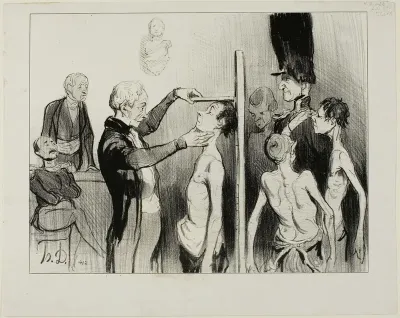 The Recruiting Board. “Isn't it a glorious sight: these noble young Frenchmen full of ardour, strength and elegance ready to defend their honour under the flags of Mars,” plate 35 from Caricatures Du Jour