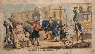 The refurbishment (or building) of a Lock Hospital; men with various ailments are stepping out of Pandora's box; a rich, smiling, doctor drives by in a carriage