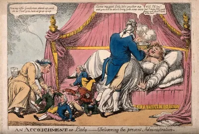 The Regent approaching Lady Hertford who is giving birth to fully dressed little men, Perceval (dressed as a nurse) helps them stand up; representing additions to the ministry after the removal of the Regency restrictions