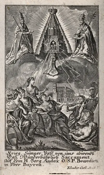 The relic of the Benedictine monastery of Andechs; a host consacrated by Gregory the Great appears above the monastery, sheds its blessing on female representations of four cCatholic German states and sends flashes of lightning against Hunger, Plague
