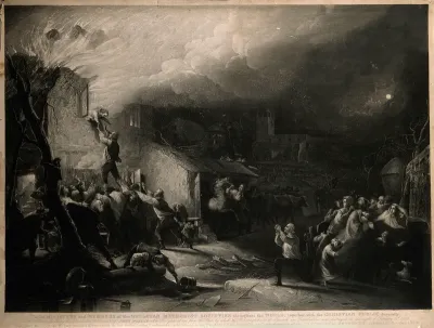 The rescue of the young John Wesley from the burning parsonage at Epworth, Lincolnshire