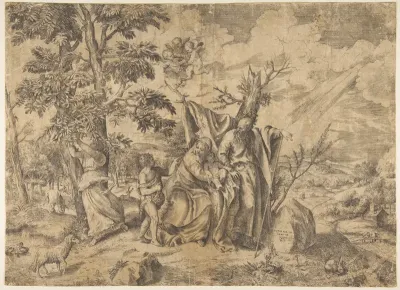 The Rest on the Flight into Egypt, Joseph at right, the Virgin holds the Christ Child in the centre, other figures to the left