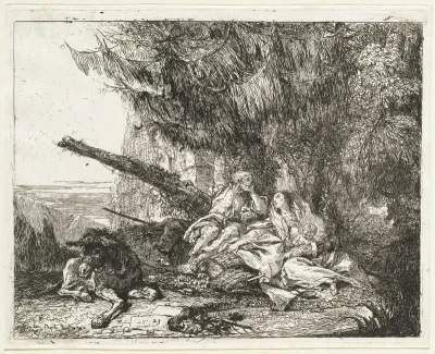 The Rest on the Flight, with Holy Family under a Tree