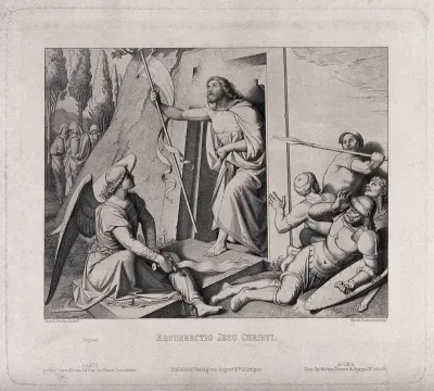 The resurrected Christ appears before terrified soldiers