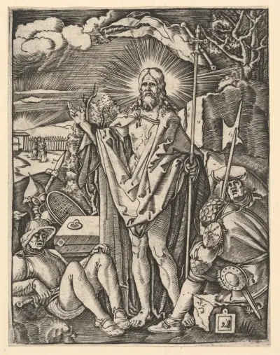 The Resurrection; Christ standing in front of a closed tomb, holding a flag and giving a blessing, guards sleeping in the foreground, from "The Passion of Christ", after Dürer