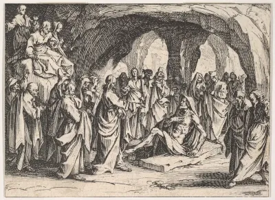 The Resurrection of Lazarus (La Resurrection de Lazare), set in a cave, from "The New Testament" (Le Nouveau Testament)