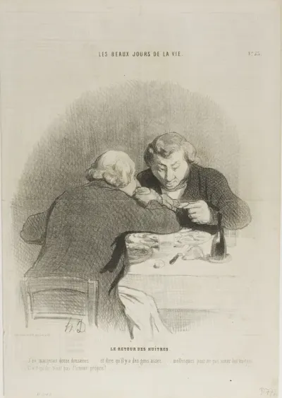 The Return of the Oyster Season. “- I could eat twelve dozens of them… just imagine that there are people who don't like oysters… - They just have no self respect…,” plate 53 from Les Beaux Jours De La Vie