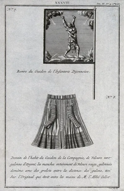The reverse side of a flag and dress coat which it is claimed belongs to the Dijon infantry