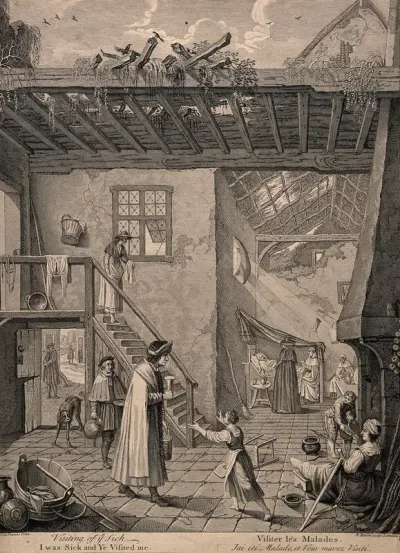 The rich visiting the poor and needy bringing alms, with a quote from the Bible