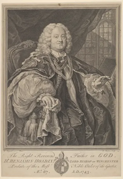 The Right Reverend Father in God, Dr. Benjamin Hoadly, Lord Bishop of Winchester, Prelate of the Most Noble Order of the Garter, Aet. 67. A.D. 1743