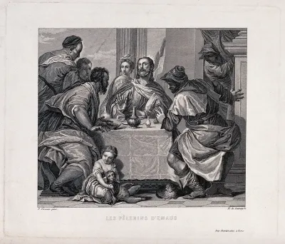 The risen Christ shares supper with two men at Emmaus