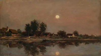 The Rising Moon on the River Bank ; Village by the Light of the Moon