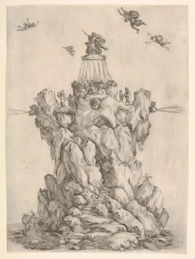The rock of Aeolus, surrounded by water, with steps leading up the rock, the heads of three of the four winds on each corner blowing outwards, Aeolus crowned at the summit, four winds in the sky around him, from "The contest of the seasons" (La gara 