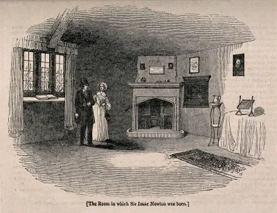 The room in the house in Woolsthorpe, Lincolnshire, where Sir Isaac Newton was born; a man and a woman visiting