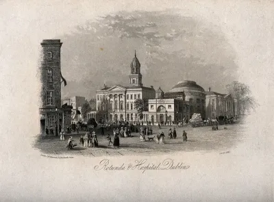The Rotunda and Lying-in Hospital with busy street life, Dublin, Ireland