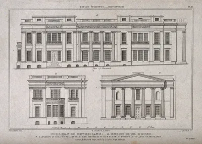 The Royal College of Physicians, Trafalgar Square: various elevations, with a scale of feet