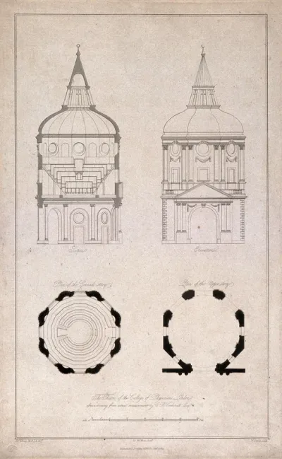 The Royal College of Physicians, Warwick Lane, London: the entrance and anatomical theatre, in elevation and section, with plans