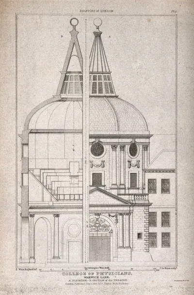 The Royal College of Physicians, Warwick Lane, London: the entrance and anatomical theatre, in elevation and section