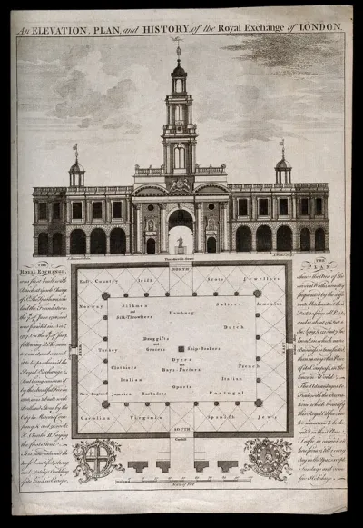 The Royal Exchange, London: elevation of the entrance facade, top, and ground plan of the courtyard, below, with indications of types of trade in the courtyard, heraldic emblems of the City of London and the Mercers' Company below, with a scale of fe