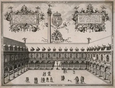The Royal Exchange, London: view from roof height, with various men at business in the courtyard, emblematic devices in the sky area