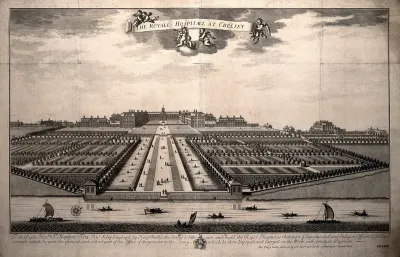 The Royal Hospital at Chelsea; Stephen Fox, the architect, in a boat on the Thames in the foreground