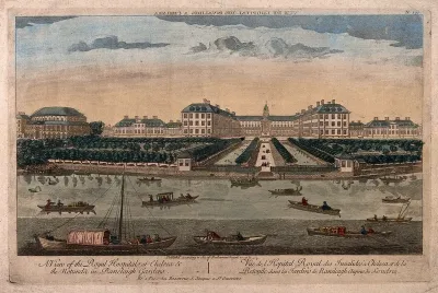 The Royal Hospital, Chelsea: aerial view of the building and grounds, looking from the Surrey side of the river